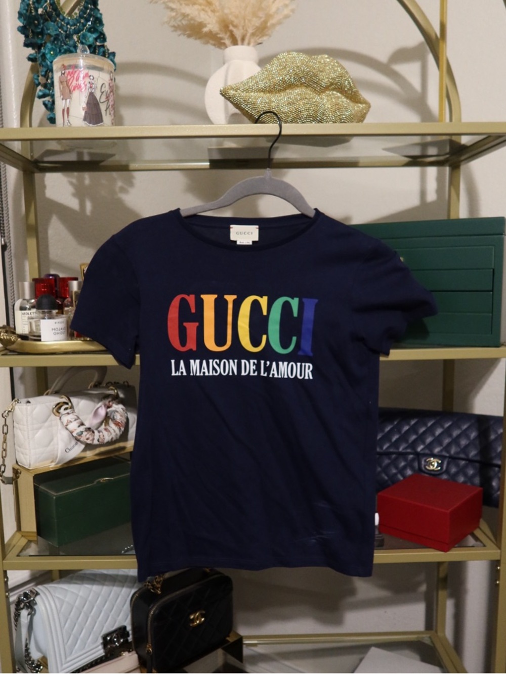 Gucci Kids Navy Tee with Rainbow GUCCI Logo